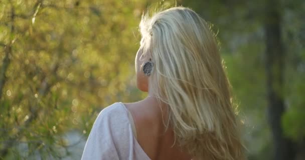 优雅的金发长发女人的背面肖像 背景模糊 浅浅的太阳光 古色古香 — 图库视频影像