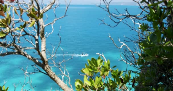 フェティビーチ ケファロニア島 ギリシャの青い水の中の喜びのボート 手前の葉が退散します — ストック動画
