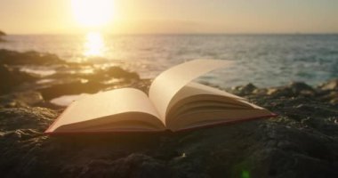 Rüzgâr, açık kitapların sayfalarını parlak günbatımı ışığıyla çeviriyor. Eğitim konseptini okumak. Sinematik büyülü okyanus plajı. Kutsal İnciller