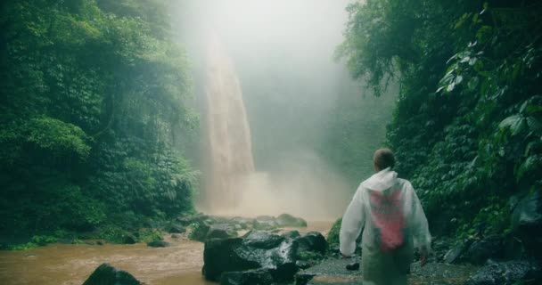 Reiziger Vrouw Regenjas Genieten Van Tropische Regenwoud Zoek Naar Hoge — Stockvideo