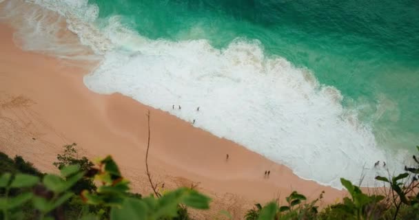 Тропічний Золотий Піщаний Пляж Чистою Морською Водою Потужними Хвилями Top — стокове відео