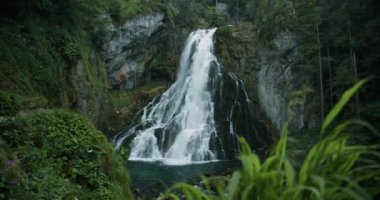 Alplerdeki yosunlu dağ kayalarının üzerinden çağlayan şelale. Gollinger Wasserfall Salzburg, Avusturya yakınlarında.