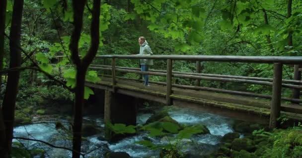 国立公園の壮大な木造の橋の上をハイキングしている女性 女の子はオーストリアの山の川を歩きます 荒野でのシネマティック ワンダー アドベンチャー — ストック動画