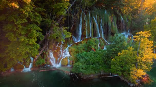 Sıcak Günbatımı Işığında Ulusal Parktaki Sonbahar Ormanlarında Akan Renkli Şelale — Stok video