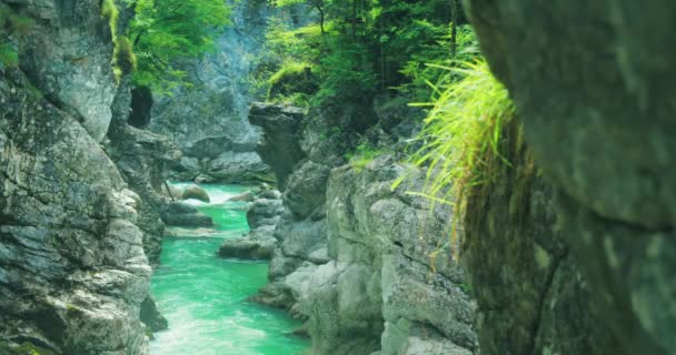 青い川の水の山の流れを持つ岩のゴージャスで雨の秋の天気 オーストリアのダークゴージラマークラムの印象的なルックアウトポイント Shffau — ストック動画