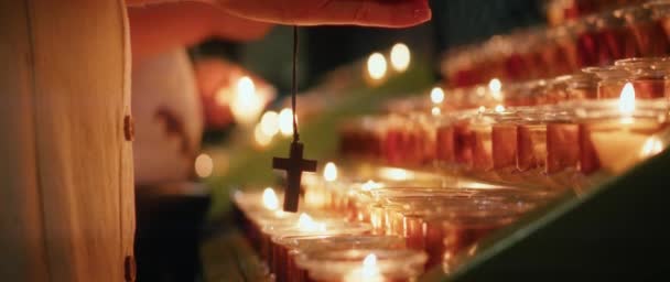 Woman Praying Burning Candles Church Adult Girl Folded Hands Fervently — Stock Video
