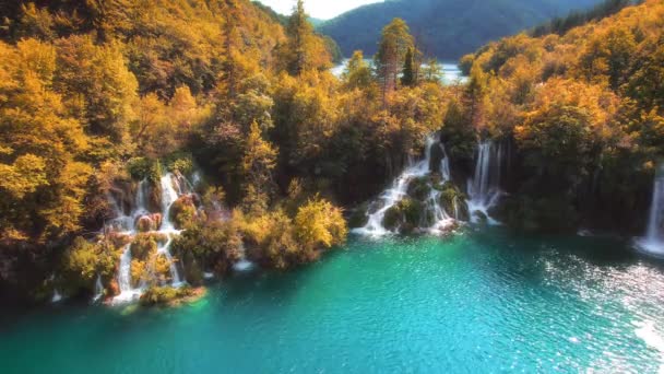Forêt Automne Dorée Lac Montagne Avec Des Cascades Étonnantes Eau — Video