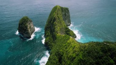 Okyanus kıyısındaki tropik orman. El değmemiş kumsal ve gök mavisi okyanus dalgaları. Nusa Penida, Bali 'de Kelingking. Endonezya 'da ünlü bir yerin üzerinde uçuyor..