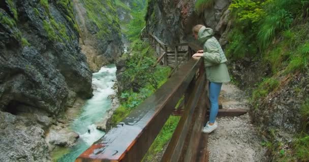 Touristin Besucht Dunkle Schlucht Mit Gebirgsfluss Bei Regentag Kristallklares Wasser — Stockvideo