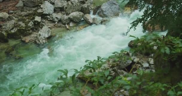 Peřeje Horské Řeky Rychlostí Vody Turbulencí Tekoucí Voda Šplouchá Skalách — Stock video