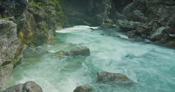 強力な水の流れは岩の上を非常に速く移動する ホワイトウォーターマウンテン川の流れ クリスタルクリア氷河スプリングラピッドクローズアップ — ストック動画