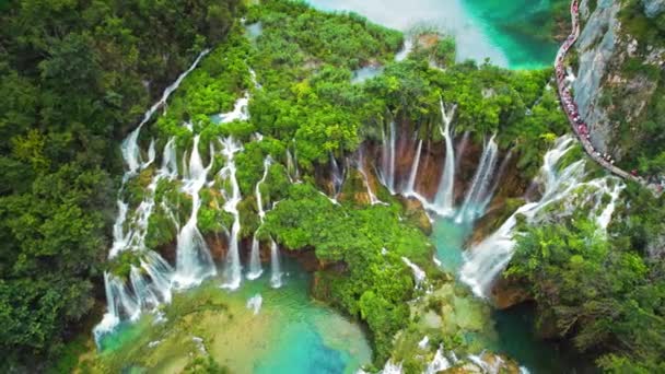 강력한 폭포는 호수로 흐릅니다 크로아티아의 플리트비체 국립공원 폭포와 석회암 협곡으로 — 비디오