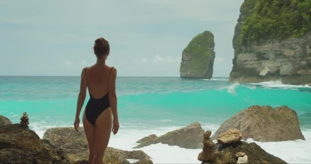 Uma Mulher Contempla Paisagem Marinha Cercada Por Cairns Rochosos Com — Vídeo de Stock