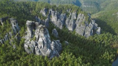 Bastei engebeli kaya oluşumları yaz güneşli bir günde yemyeşil bir ormanla çevrili nefes kesici hava manzarası...