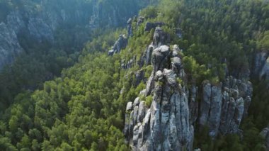 Bastei 'deki sık yeşil ormanlarla çevrili yüksek kaya oluşumları Almanya' nın Elbe Kumtaşı Dağları..