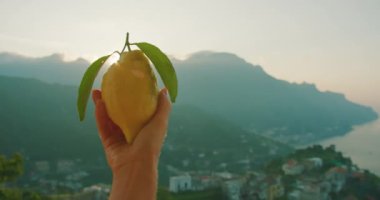Amalfi Sahili 'nin güneşli zeminiyle olgun bir limonu tutan bir elin yakın çekimi, İtalya' da yazın canlılığını ve tazeliğini aktarıyor...
