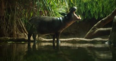 Yoğun tropikal bitki örtüsü ve doğal ağaçlarla çevrili sığ sularda kükreyen bir pigme su aygırı..