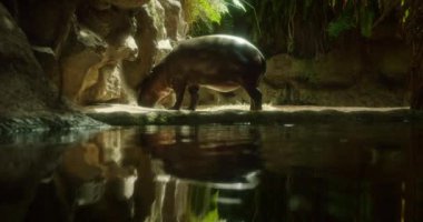 Cüce bir su aygırı, sönük bir doğal ortamda kayalar ve bitki örtüsüyle çevrili sakin bir göletin yanında otlar..