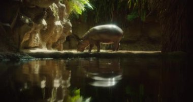 Doğal ışık ve yeşillikle dolu huzurlu bir yaşam alanında beslenen bir pigme su aygırının yan profili..