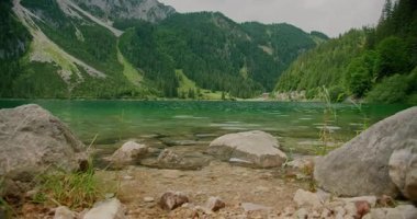 Etrafı yoğun yeşil tepeler ve alp manzarasıyla çevrili kayalarla çevrili temiz sığ göl suyu..