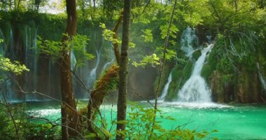 Plitvice Gölleri Ulusal Parkı Hırvatistan 'da canlı yeşil çevrelerde çağlayan şelaleler ve mavi sular.