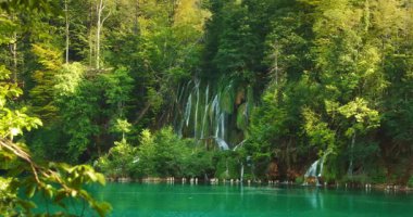 Plitvice şelalesi, yaz ziyareti sırasında yosun dolu kayalardan Hırvatistan 'daki mavi göle aktı.