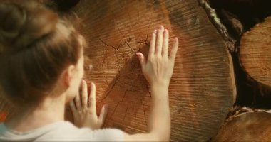 Kadın, Alman ormanındaki büyük bir ağaç kütüğünün halkalarına nazikçe dokunur ve onun tarihini yansıtır..