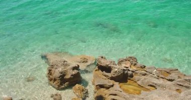 Hırvatistan 'da güneşli bir günde kayalık sahil ve kristal berraklığında Adriyatik Denizi suyu görülüyor.