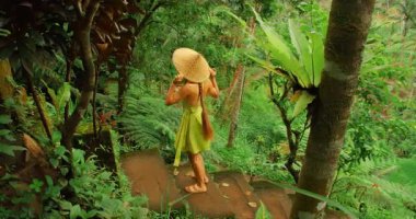 Mutlu gezgin Tegallalang pirinç terasında tropikal orman yolunu keşfediyor, Bali.