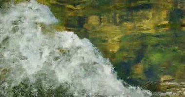 Hırvatistan 'da yaz mevsiminde yeşil renkleri yansıtan tatlı su damlaları taşlı bir nehir yatağında akıyor.