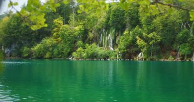 Şelaleler, Plitvice Gölleri Ulusal Parkı 'ndaki verimli bir göle dökülüyor..