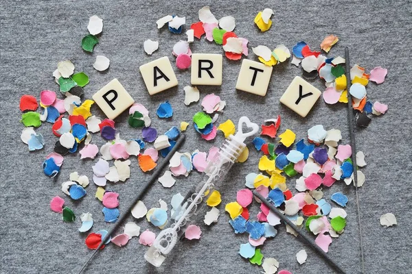 Party Letters Confetti Sparklers Soap Bubbles Gray Background Celebration Invitation — Stock Photo, Image
