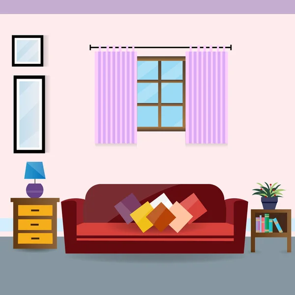 客厅的内部 矢量图解 带沙发 窗户和装饰附件的舒适房间的设计 — 图库矢量图片