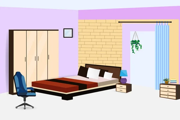 寝室のインテリアルームと家具のベクトルのイラスト — ストックベクタ