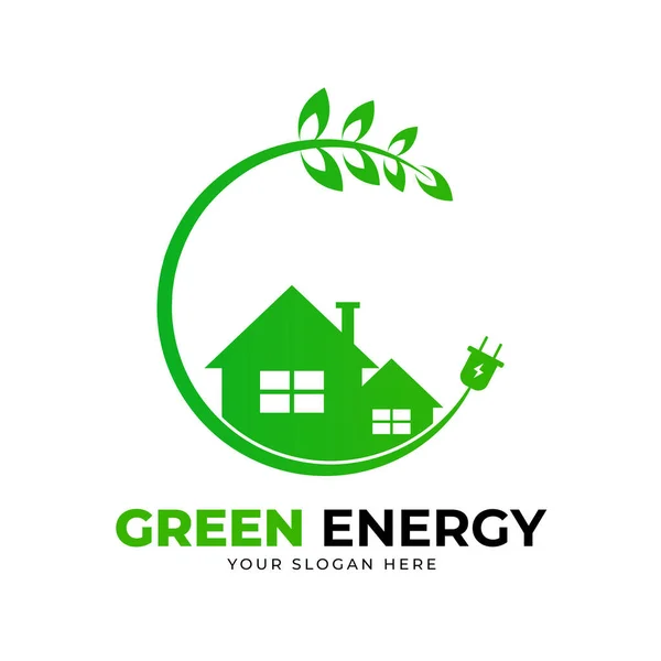 Grön Energi Logotyp Med Ett Växthus Och Ett Träd — Stock vektor