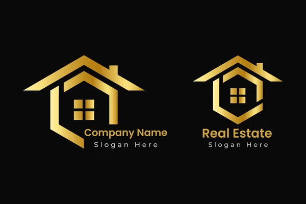 Fastighetsbolagets Logotyp Och Husets Logotyp Design Med Gyllene Färg — Stock vektor