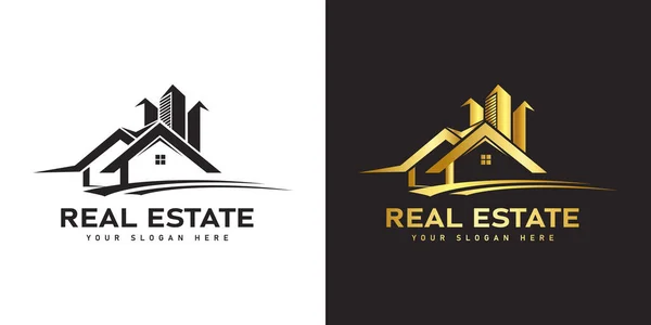 Logo Immobilier Design Logo Maison Avec Couleur Dorée — Image vectorielle