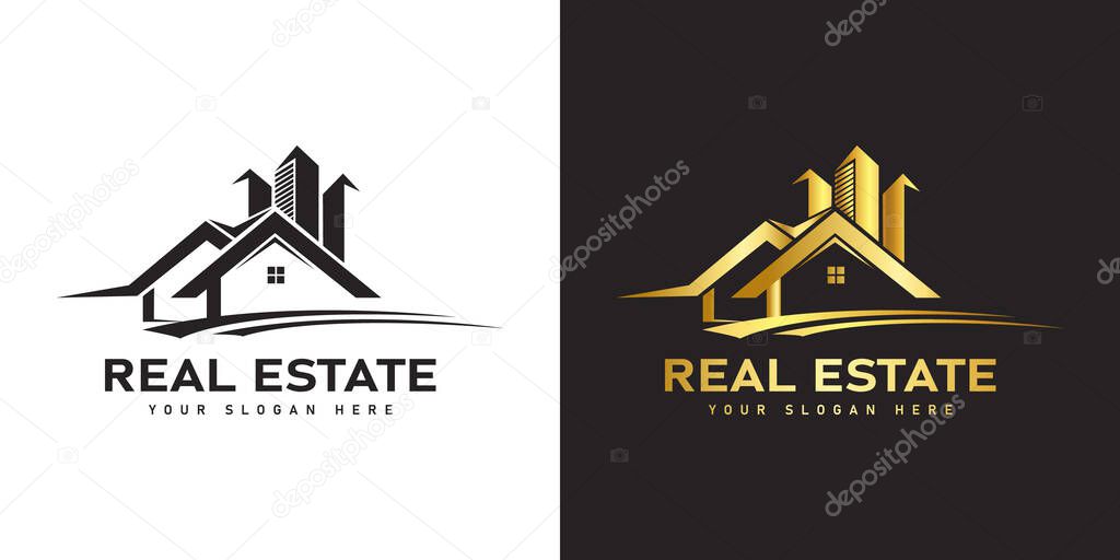 Real estate logo and house logo design with golden color.