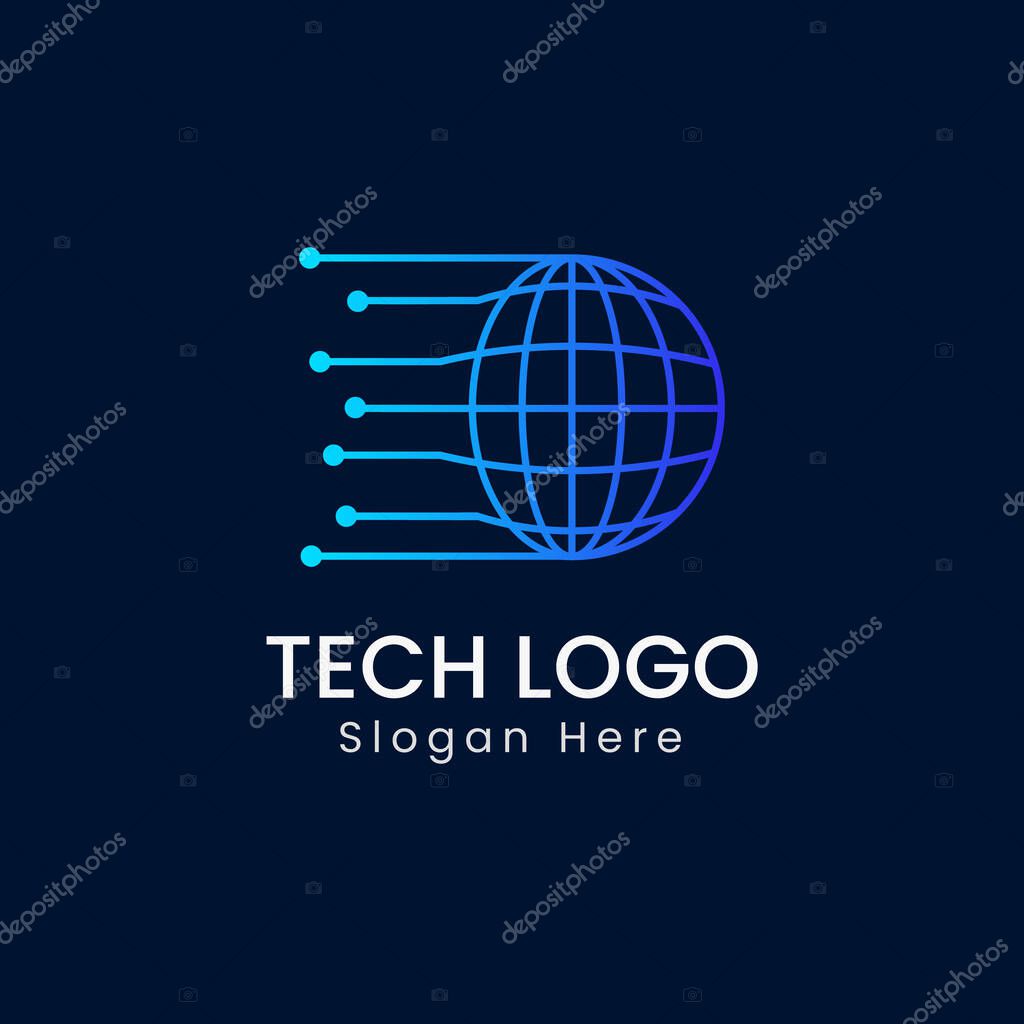 Tech logo with global icon design concept template