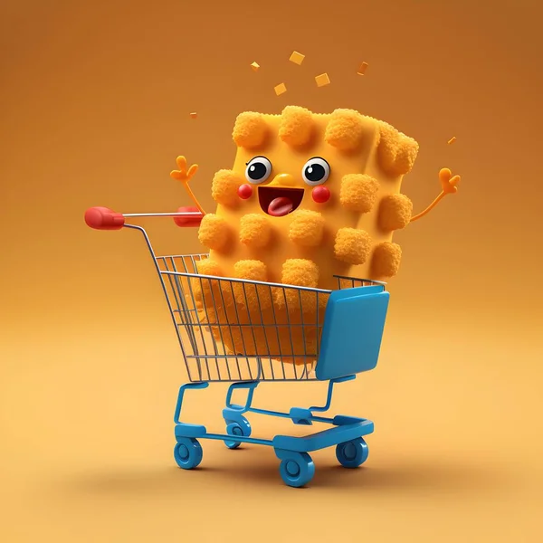 In the shopping cart of the cartoon world, a delightful nugget character happily nestled, ready for its next adventure.With a cart full of goodies, the animated nugget gleefully rode along, enjoying the thrilling ride in the shopping cart.The cartoon