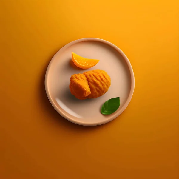 On a vibrant orange background, tender chicken nuggets are beautifully presented on a plate, accompanied by crispy croutons and a fresh leaf garnish.