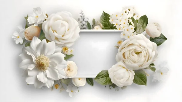 A frame adorned with flowers against a white background creates a visually appealing and charming composition.