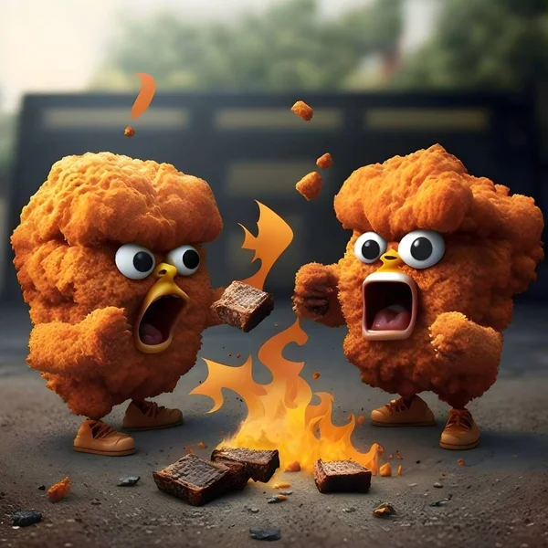 Two cartoon chicken nuggets are pictured next to a blazing bonfire, creating a whimsical and entertaining scene.
