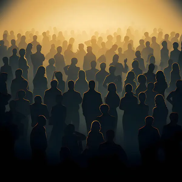 Vector illustration of crowd of people in black silhouette against a yellow background, capturing graceful forms.