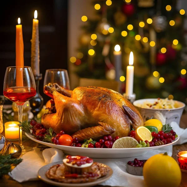An elegant holiday table with roast turkey, lemons, wine, candles and a lit Christmas tree in the background. Turkey as the main dish of thanksgiving for the harvest. An atmosphere of joy and celebration.