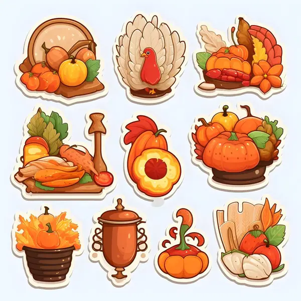 Stickers related to the Thanksgiving holiday, Turkey, Pumpkins. Pumpkin as a dish of thanksgiving for the harvest, picture on a white isolated background. An atmosphere of joy and celebration.