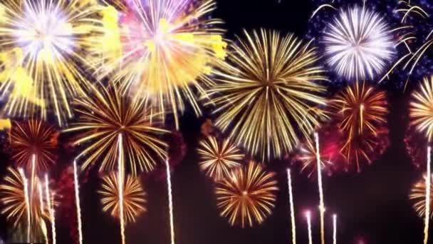 Gece Gökyüzünde Renkli Havai Fişek Atışları Patlamaları Renkli Yeni Yıl — Stok video