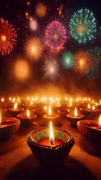 Kaarsen Branden Voor Het Diwali Festival Van Licht Vuurwerk Explosies — Stockvideo