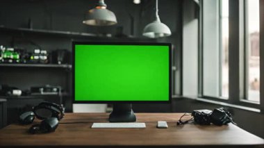 Modern Çalışma Alanında Kulaklıklı Yeşil Ekran Monitörü ve VR Gözlükleri