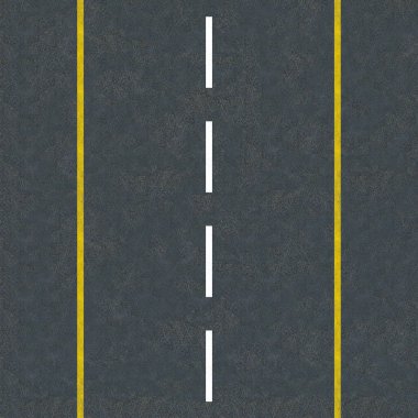 İki sarı şeritli asfalt yol ve üst manzaralı yaya geçidi.